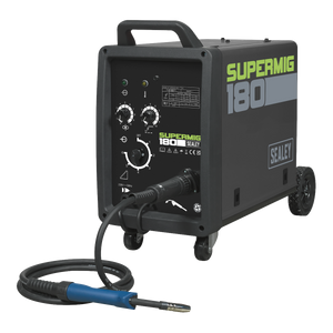 A black Sealey Professional MIG Welder 180A 230V with Binzel® Euro Torch - SUPERMIG180 on wheels, featuring a handle, controls, and a maximum performance of 180A.