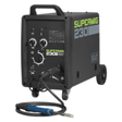 The Sealey Professional MIG Welder 230A 230V with Binzel® Euro Torch - SUPERMIG230 ensures efficiency with its black design, wheeled base, control knobs, indicators, and attached welding cables. It also features a Binzel® non-live Euro torch for enhanced safety.