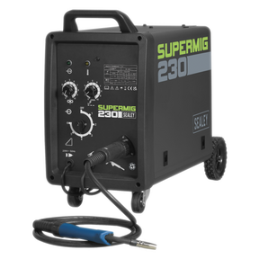 The Sealey Professional MIG Welder 230A 230V with Binzel® Euro Torch - SUPERMIG230 ensures efficiency with its black design, wheeled base, control knobs, indicators, and attached welding cables. It also features a Binzel® non-live Euro torch for enhanced safety.