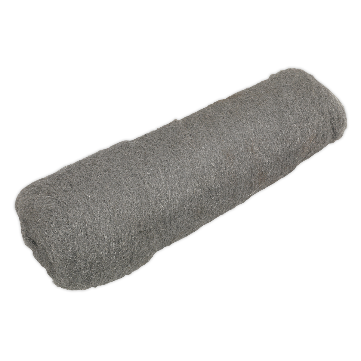 A single roll of Sealey's Steel Wool #00 Extra Fine Grade 450g - SW00, cylindrical in shape with a rough textured surface, is isolated on a white background.