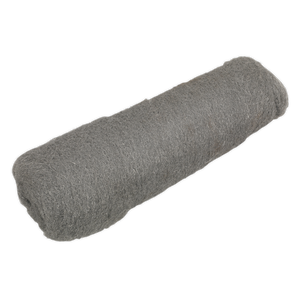 A single roll of Sealey's Steel Wool #00 Extra Fine Grade 450g - SW00, cylindrical in shape with a rough textured surface, is isolated on a white background.