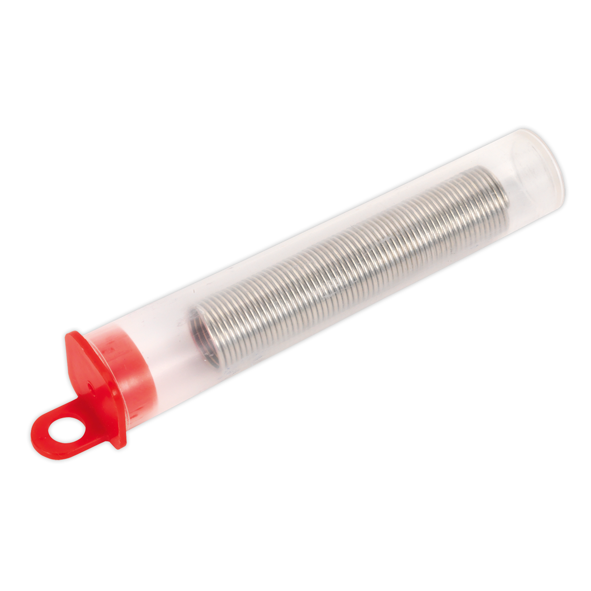 The Sealey Lead-Free Soldering Wire Dispenser Tube - SW20 features a transparent plastic tube with a red cap, housing a coiled metal spring inside, and is designed for general-purpose soldering applications.