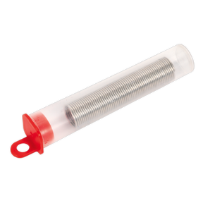 The Sealey Lead-Free Soldering Wire Dispenser Tube - SW20 features a transparent plastic tube with a red cap, housing a coiled metal spring inside, and is designed for general-purpose soldering applications.