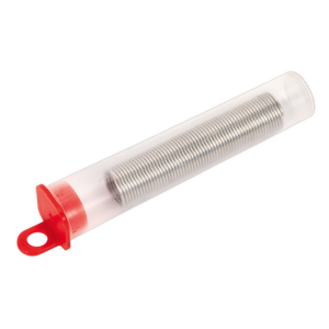 The Sealey Lead-Free Soldering Wire Dispenser Tube - SW20 features a transparent plastic tube with a red cap, housing a coiled metal spring inside, and is designed for general-purpose soldering applications.