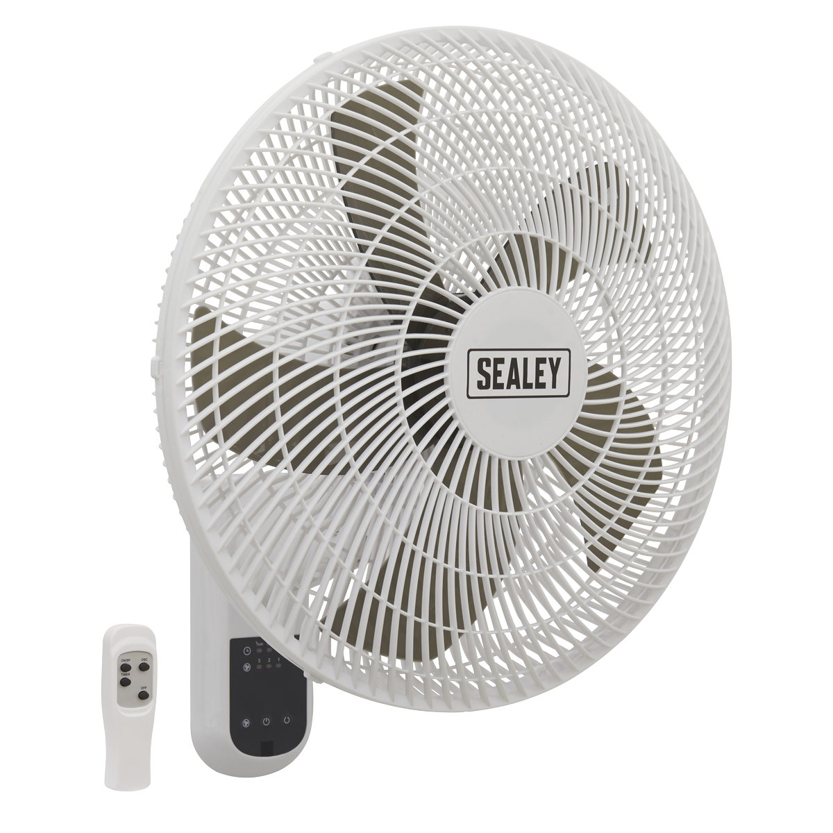 A Sealey Wall Fan 3-Speed 16" with Remote Control (Model SWF16WR) features a sleek white design, digital display panel, and a convenient timer function. It also includes a tilt and swivel head for optimal airflow direction.