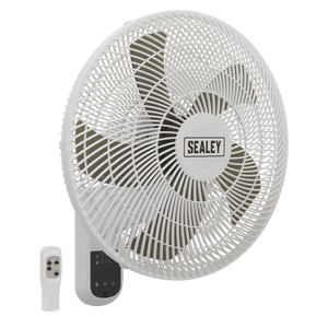 A Sealey Wall Fan 3-Speed 16" with Remote Control (Model SWF16WR) features a sleek white design, digital display panel, and a convenient timer function. It also includes a tilt and swivel head for optimal airflow direction.