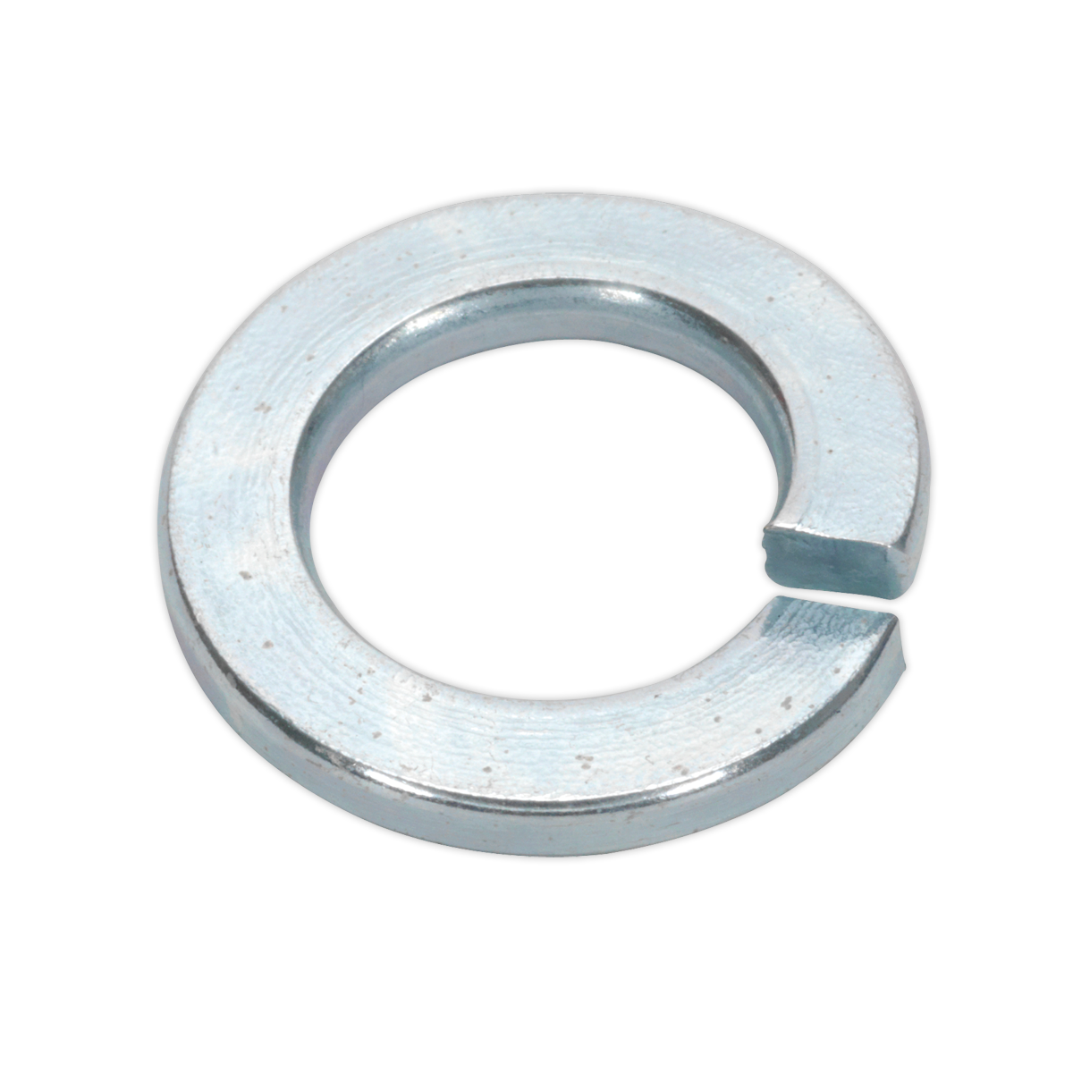 The Sealey Spring Washer DIN 127B M12 Zinc, sold in a pack of 50 (SWM12), is a metric washer with a single cut and offset ends, designed to prevent loosening of fasteners according to DIN 127B standards.