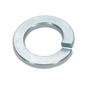 The Sealey Spring Washer DIN 127B M12 Zinc, sold in a pack of 50 (SWM12), is a metric washer with a single cut and offset ends, designed to prevent loosening of fasteners according to DIN 127B standards.