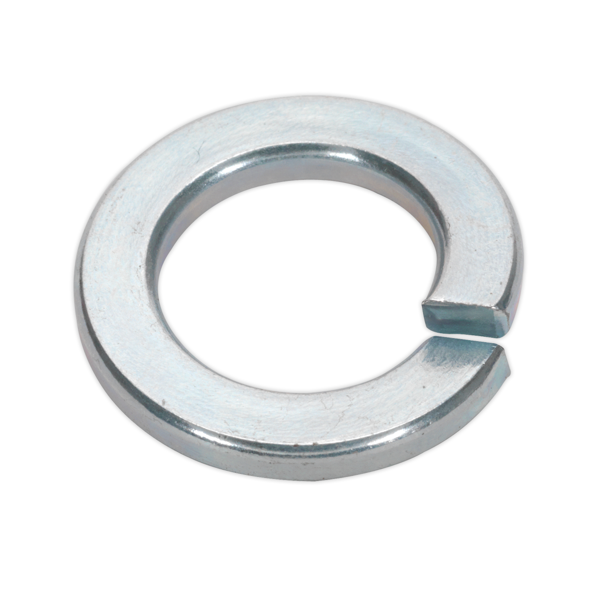 Close-up of a Sealey Spring Washer DIN 127B M16 Zinc (Pack of 50 - SWM16), featuring a helical shape and an open gap on one side.