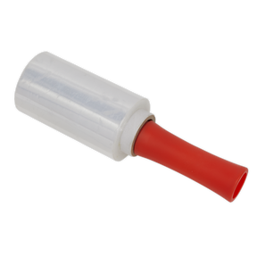 The Sealey Steering Wheel Protection Film 150m with Applicator Handle - SWPH150 features a roll of clear plastic wrap and a comfort grip handle.