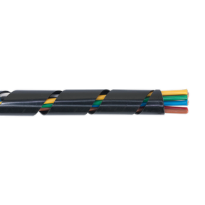 The Sealey Spiral Wrap Cable Sleeving Ø14-28mm 10m - SWS1428 is a black spiral cable wrap designed for bundling multicolored wires. It is crafted from abrasion-resistant Flexible Polyolefin sleeve, suitable for a temperature range of -30°C to +100°C.