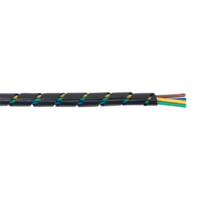Close-up image of a Sealey Spiral Wrap Cable Sleeving Ø8-16mm 10m - SWS816, showcasing multiple colored wires wrapped in a black spiral casing, featuring an abrasion-resistant Flexible Polyolefin sleeve.