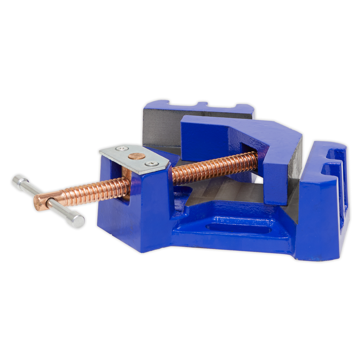 Introducing the Sealey Welding Vice 165mm - SWV165: A robust blue cast iron vice featuring a copper plated spindle and a self-centering swivel jaw, designed to clamp objects securely in place.