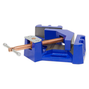 Introducing the Sealey Welding Vice 165mm - SWV165: A robust blue cast iron vice featuring a copper plated spindle and a self-centering swivel jaw, designed to clamp objects securely in place.