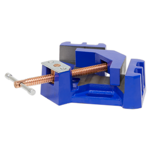 Introducing the Sealey Welding Vice 165mm - SWV165: A robust blue cast iron vice featuring a copper plated spindle and a self-centering swivel jaw, designed to clamp objects securely in place.