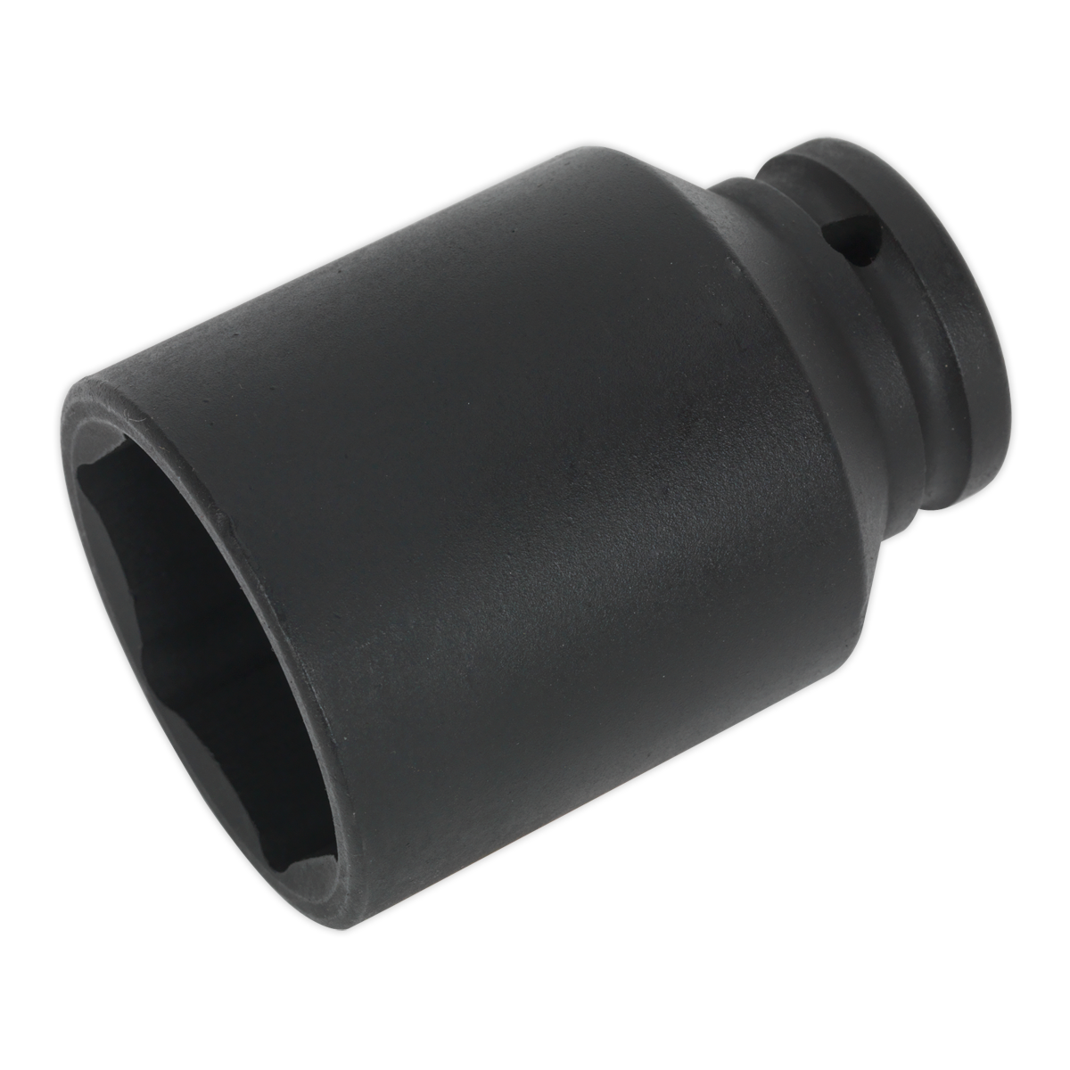 The Impact Socket 41mm Deep 1/2"Sq Drive - SX007 by Sealey is a black, cylindrical impact grade deep socket that features an internal hexagonal opening and offers enhanced corrosion resistance.