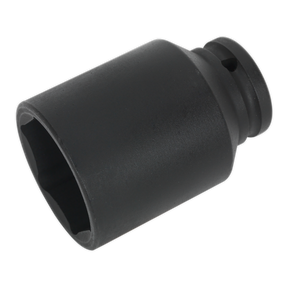 The Impact Socket 41mm Deep 1/2"Sq Drive - SX007 by Sealey is a black, cylindrical impact grade deep socket that features an internal hexagonal opening and offers enhanced corrosion resistance.