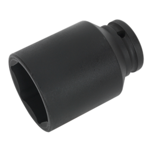 The Impact Socket 41mm Deep 1/2"Sq Drive - SX007 by Sealey is a black, cylindrical impact grade deep socket that features an internal hexagonal opening and offers enhanced corrosion resistance.