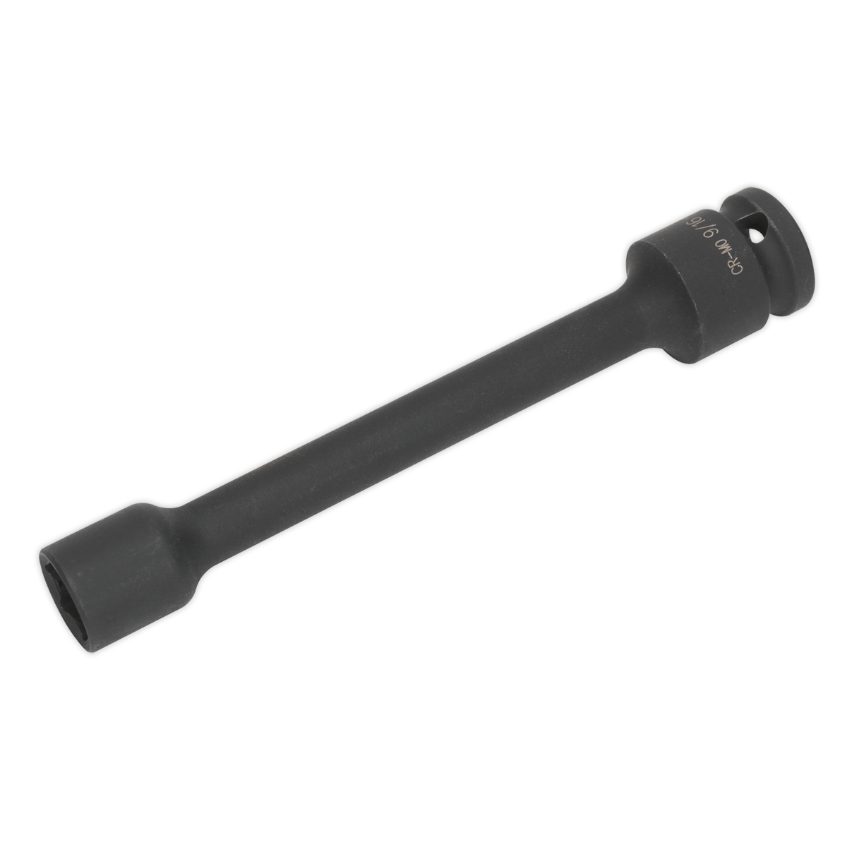 Introducing the Sealey Propshaft Impact Socket 9/16" 1/2"Sq Drive - SX0110, a sleek and long black cylindrical extension tool featuring a hexagonal opening with a hole at the other end, ideal for easily accessing those challenging Land Rover propshaft bolts.