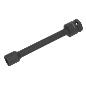 Introducing the Sealey Propshaft Impact Socket 9/16" 1/2"Sq Drive - SX0110, a sleek and long black cylindrical extension tool featuring a hexagonal opening with a hole at the other end, ideal for easily accessing those challenging Land Rover propshaft bolts.
