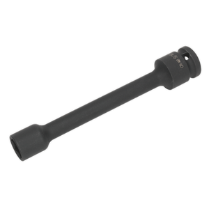 Introducing the Sealey Propshaft Impact Socket 9/16" 1/2"Sq Drive - SX0110, a sleek and long black cylindrical extension tool featuring a hexagonal opening with a hole at the other end, ideal for easily accessing those challenging Land Rover propshaft bolts.