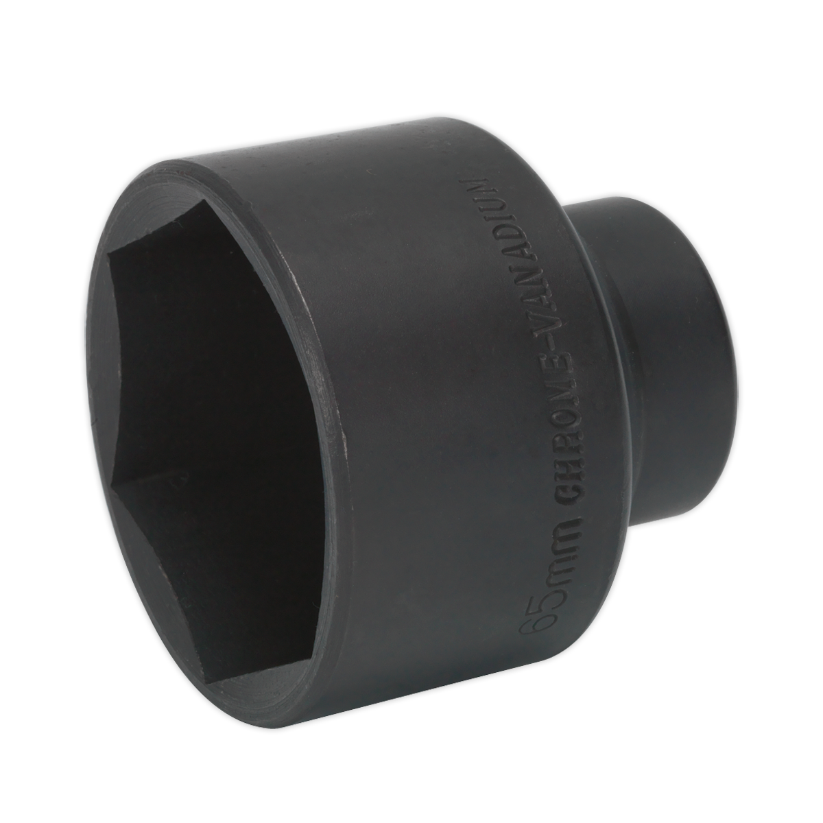 The Sealey Impact Socket 65mm Thin Wall 3/4"Sq Drive - SX015 is a black, cylindrical tool made of Chrome Vanadium steel, ideal for tightening or loosening nuts and bolts. This impact grade socket is part of the Premier Hand Tools collection.