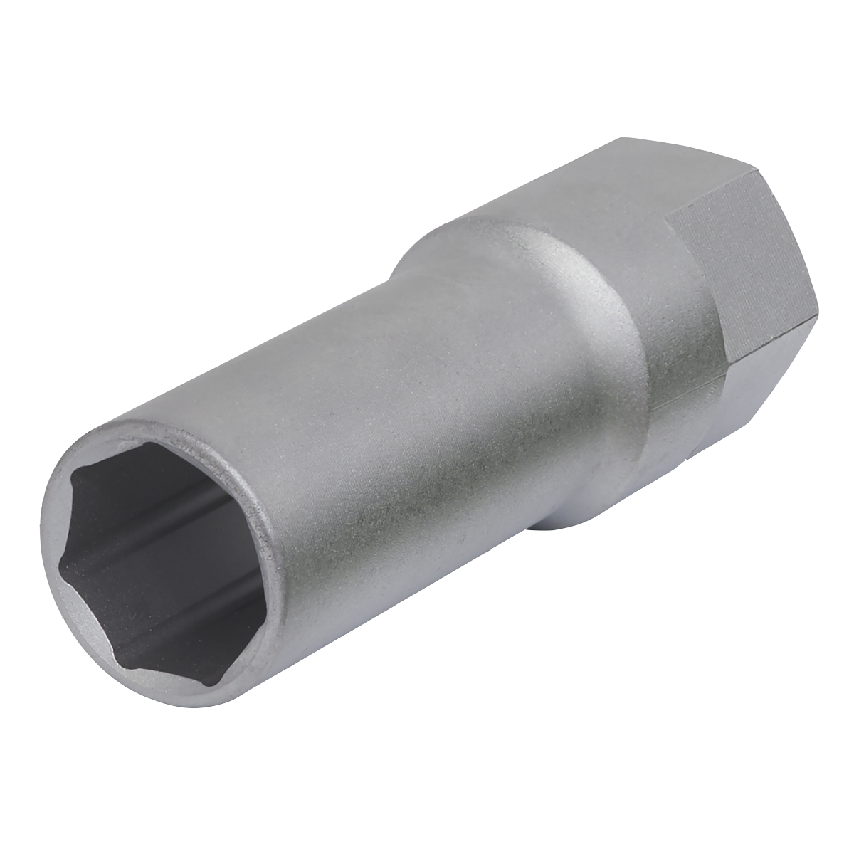 The Sealey Wheel Bolt Security Socket 17mm 1/2"Sq Drive - Honda/Hyundai/Toyota - SX0177 is a silver, hexagonal socket wrench with a deep, cylindrical body and a 17mm hex-shaped opening on one end, crafted from durable Chrome Vanadium steel.