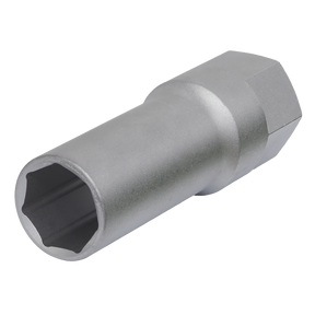 The Sealey Wheel Bolt Security Socket 17mm 1/2"Sq Drive - Honda/Hyundai/Toyota - SX0177 is a silver, hexagonal socket wrench with a deep, cylindrical body and a 17mm hex-shaped opening on one end, crafted from durable Chrome Vanadium steel.