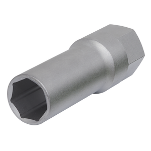 The Sealey Wheel Bolt Security Socket 17mm 1/2"Sq Drive - Honda/Hyundai/Toyota - SX0177 is a silver, hexagonal socket wrench with a deep, cylindrical body and a 17mm hex-shaped opening on one end, crafted from durable Chrome Vanadium steel.