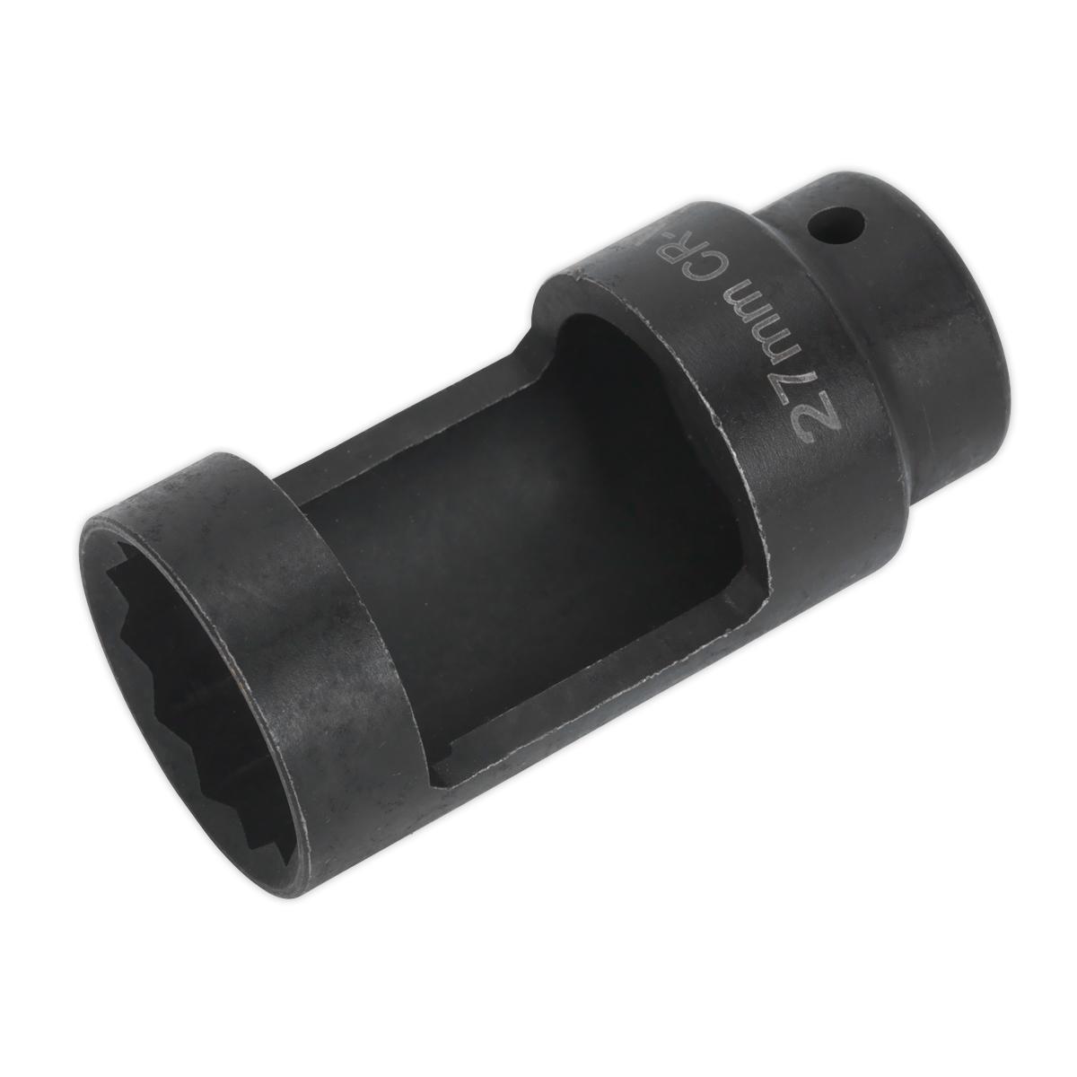 A black Diesel Injector Socket 27mm Thin Wall 1/2"Sq Drive - SX024 from Sealey, made from durable Chrome Vanadium steel, with an open interior designed for turning nuts and bolts.