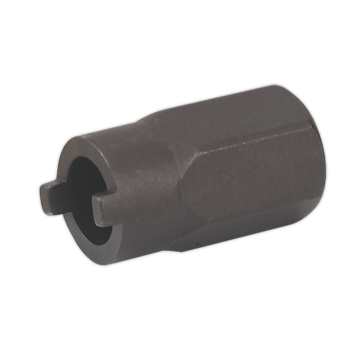 The Strut Nut Socket - Audi, VW - SX028 by Sealey is a black, cylindrical metal tool with a hexagonal body and a two-pronged open end, making it ideal for securing shock retaining nuts.