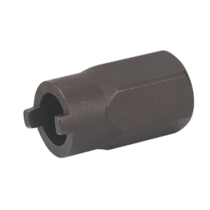 The Strut Nut Socket - Audi, VW - SX028 by Sealey is a black, cylindrical metal tool with a hexagonal body and a two-pronged open end, making it ideal for securing shock retaining nuts.