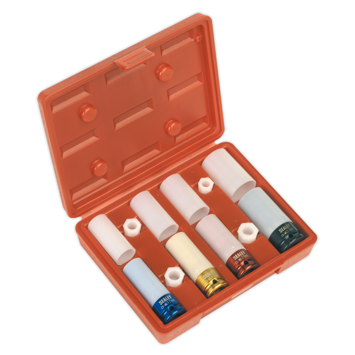 The Sealey Alloy Wheel Impact Socket Set 4pc 1/2"Sq Drive - SX030 is a red plastic case featuring six different colored impact sockets with plastic protective covers, perfect for alloy wheels.