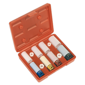 The Sealey Alloy Wheel Impact Socket Set 4pc 1/2"Sq Drive - SX030 is a red plastic case featuring six different colored impact sockets with plastic protective covers, perfect for alloy wheels.