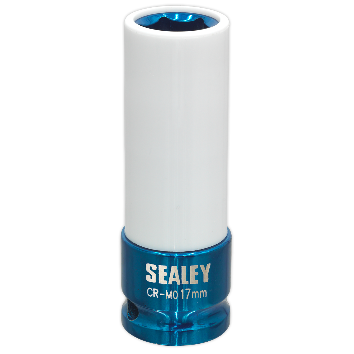 This Sealey Alloy Wheel Impact Socket, model SX03017, features a 17mm size with a 1/2" square drive, complete with a blue base and white sleeve, making it ideal for use with alloy wheel impact tools. The socket is clearly labeled "CR-MO 17mm.