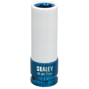 This Sealey Alloy Wheel Impact Socket, model SX03017, features a 17mm size with a 1/2" square drive, complete with a blue base and white sleeve, making it ideal for use with alloy wheel impact tools. The socket is clearly labeled "CR-MO 17mm.