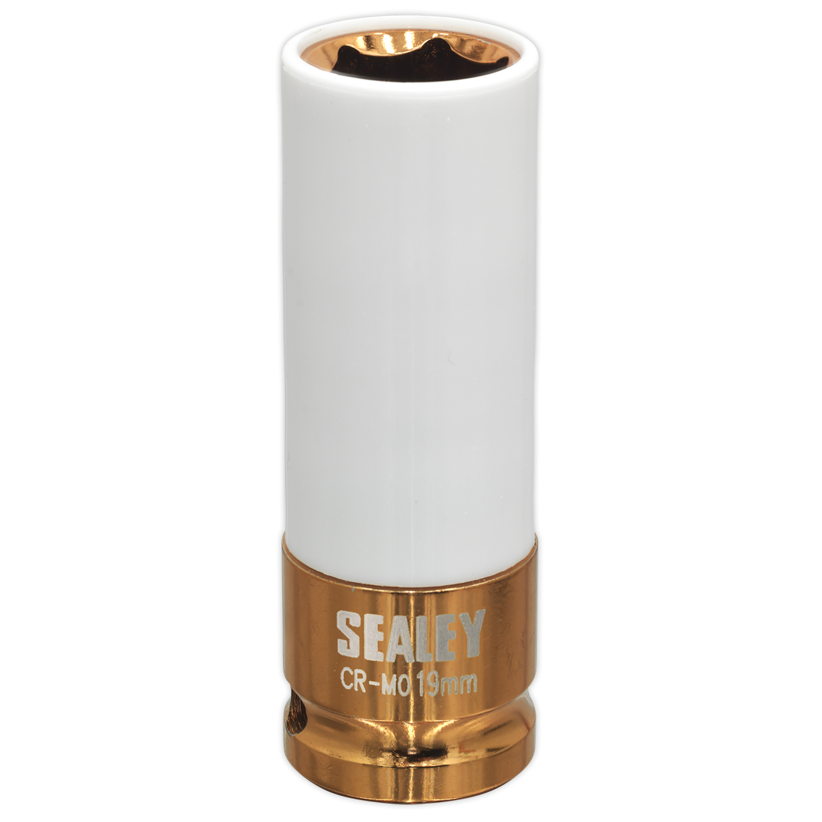 A Sealey Alloy Wheel Impact Socket 19mm 1/2"Sq Drive - SX03019, featuring a white protective finish and a gold-colored base, marked "CR-MO 19mm". This Chrome Molybdenum socket is designed for durability and precision, making it ideal for alloy wheel applications.