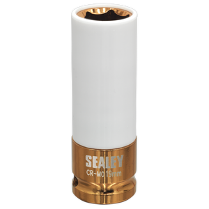 A Sealey Alloy Wheel Impact Socket 19mm 1/2"Sq Drive - SX03019, featuring a white protective finish and a gold-colored base, marked "CR-MO 19mm". This Chrome Molybdenum socket is designed for durability and precision, making it ideal for alloy wheel applications.