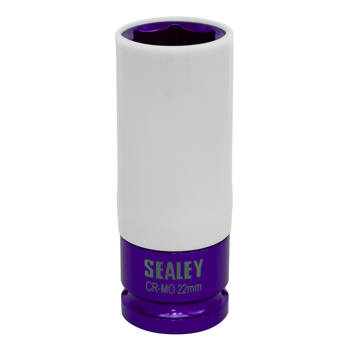 A Sealey Alloy Wheel Impact Socket 22mm 1/2"Sq Drive - SX03022, featuring a white upper section and purple base, perfect for use in mechanical applications.