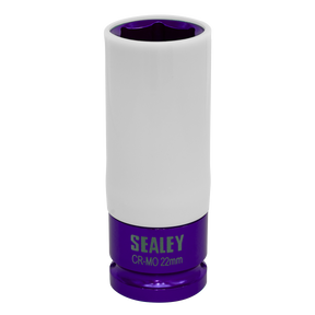 A Sealey Alloy Wheel Impact Socket 22mm 1/2"Sq Drive - SX03022, featuring a white upper section and purple base, perfect for use in mechanical applications.
