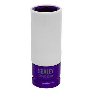 A Sealey Alloy Wheel Impact Socket 22mm 1/2"Sq Drive - SX03022, featuring a white upper section and purple base, perfect for use in mechanical applications.