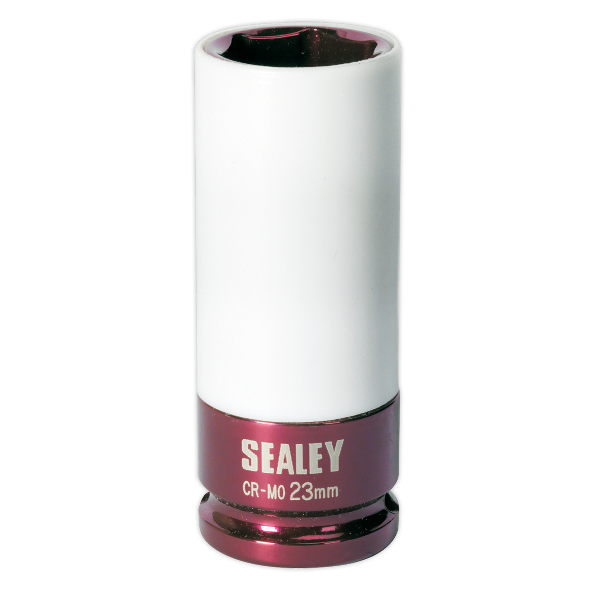 The Sealey Alloy Wheel Impact Socket 23mm 1/2"Sq Drive - SX03023, featuring a white body and red base, is perfect for alloy wheel impact use.