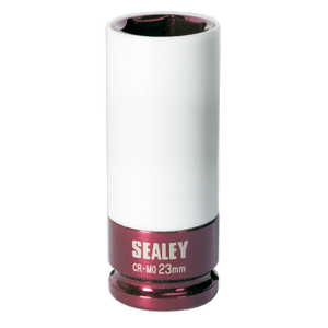 The Sealey Alloy Wheel Impact Socket 23mm 1/2"Sq Drive - SX03023, featuring a white body and red base, is perfect for alloy wheel impact use.