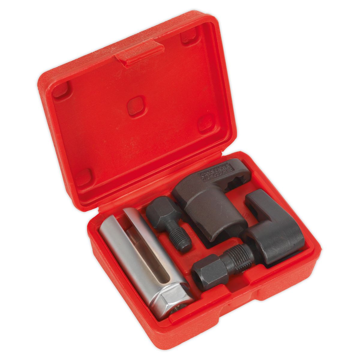 The Sealey Oxygen Sensor & Thread Chaser Set 5pc - SX0320 is a red plastic case containing a set of metal tools, perfect for repairing damaged threads in oxygen sensors. This kit includes a puller, a split sleeve, and two screws, making it ideal for modern vehicles.