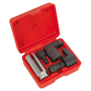 The Sealey Oxygen Sensor & Thread Chaser Set 5pc - SX0320 is a red plastic case containing a set of metal tools, perfect for repairing damaged threads in oxygen sensors. This kit includes a puller, a split sleeve, and two screws, making it ideal for modern vehicles.