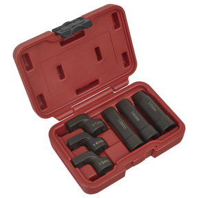 The Sealey EGT Sensor Socket Set 6pc - SX0321 comes in a red plastic case and includes a 6-point 3/8" square drive EGT sensor socket with five socket wrench adapters of various sizes, labeled in white text, including 14mm, 17mm, and 19mm.
