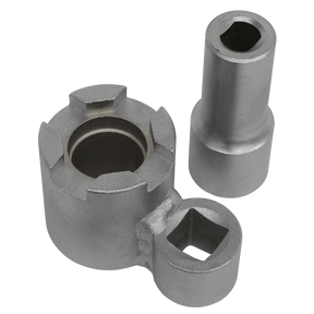 Two metal mechanical components; one is a socket and the other appears to be the Sealey Front Strut Top Nut Holding & Removal Tool - Volvo - SX0332, which has multiple connection points, resembling an OEM tool like a Volvo Strut Tool.