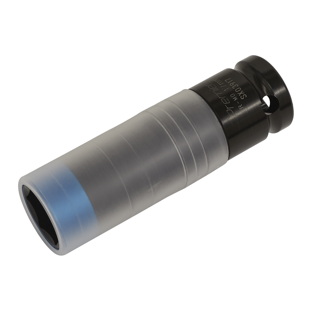 The Alloy Wheel Ultra-Power Impact Socket 17mm 1/2"Sq Drive - SX03917 by Sealey features a black top, metallic body, and transparent plastic sheath, making it ideal for alloy wheels due to its stronger design.