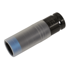 The Alloy Wheel Ultra-Power Impact Socket 17mm 1/2"Sq Drive - SX03917 by Sealey features a black top, metallic body, and transparent plastic sheath, making it ideal for alloy wheels due to its stronger design.