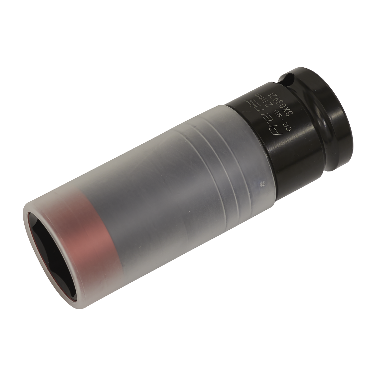 The Sealey Alloy Wheel Ultra-Power Impact Socket 21mm 1/2"Sq Drive (SX03921) is a black and grey socket adapter with a plastic sleeve partially covering it, designed with enhanced strength for impact use.